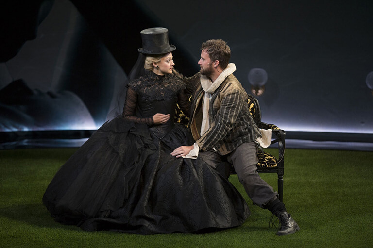 as Feste in <i>Twelfth Night</i> with Sara Topham<br />Photo: Jim Cox